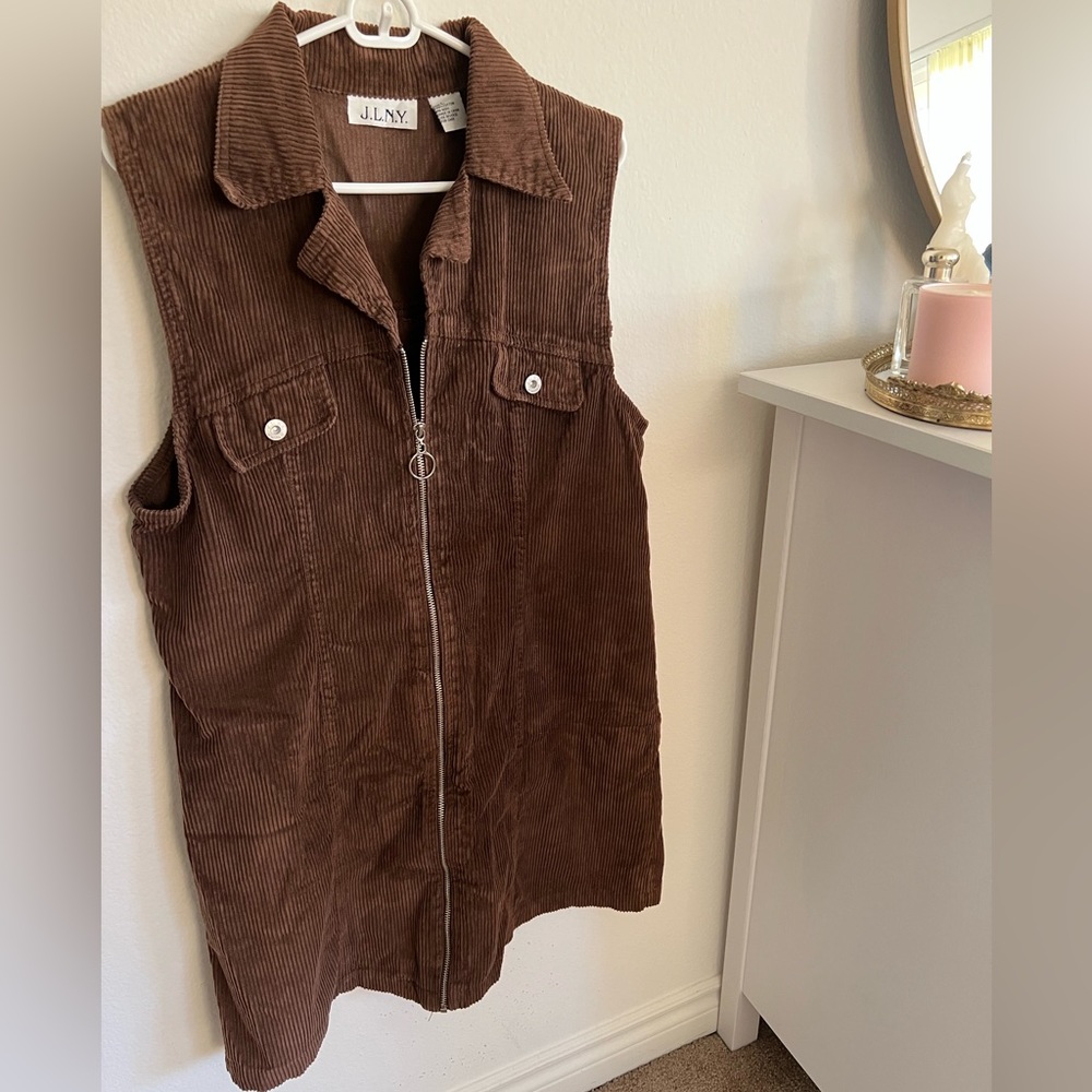 Vintage Brown Corduroy Sleeveless Zipper Dress Size Large
